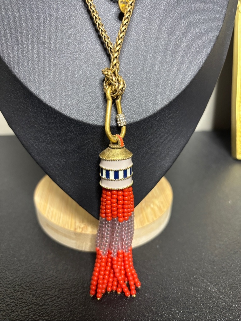Stella & Dot Retired Natasha Glass Beaded Tassel Long Chain Gold Tone Necklace - Picture 2 of 6